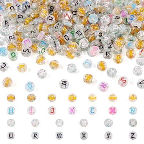 400Pcs Clear Glitter Letter Beads 7x3.5mm Acrylic Transparent Alphabet Spacer Beads Small Pony Bead for Friendship Bracelet Necklace Keychain Crafts Jewelry Making - color: Transparent, Flat Round, size: 7x3.5mm