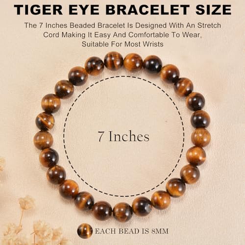 8mm Tigers Eye Bracelets for Women Men 7 inch Round Beaded Stretch Bracelet Natural Gemstone Handmade Polishing Stone for Spiritual Healing Meditation Yoga