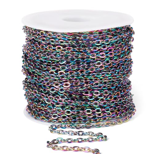 33 Feet Colorful Stainless Steel Cable Chains Bulk, 2 mm 304 Stainless Steel Multi Color Flat Cable Links Chain Roll Spool for Jewelry Making DIY Craft - color: Colorful, size: 2.0mm width