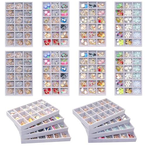 8 Pack Earring Organizer Holder Velvet Jewelry Tray for Drawer Stackable Jewelryy Organizer Divided Display Tray for Earring 18 Grids - color: Grey