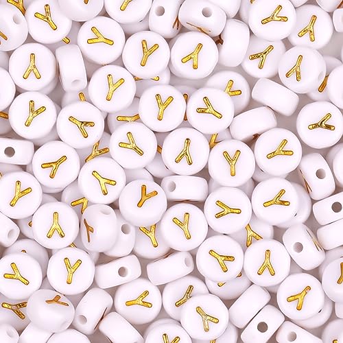 300Pcs Letter Beads Y 4X7mm Gold Alphabet Beads Acrylic Round Shape Loose Beads for Name Bracelets Necklaces Key Chains DIY Jewelry Making (Y) - color: Gold, size: Y