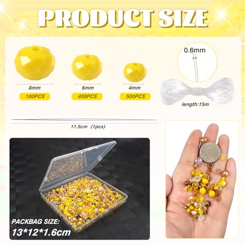 TOAOB 1000pcs Briolette Crystals Glass Beads 4mm 6mm 8mm Rondelle Faceted Spacer Beads Yellow Loose Beads for Bracelets Necklace Earrings Jewelry Making - color: Yellow