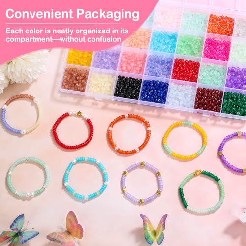 shynek 4800 Pieces 2x4mm Glass Rondelle Seed Beads for Jewelry Making, 28 Colors Small Beads for Bracelets, Embroidery, Crochet Craft Projects