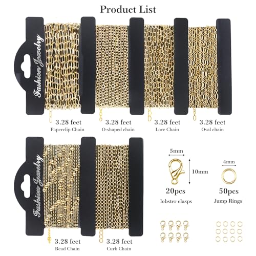 14k Gold Necklace Chains for Jewelry Making, Total 20 Feet 6 Rolls Bracelet Chains for DIY, 3.3 Feet Each Style, 14K Gold Plated Chain with Jump Rings/Lobster Clasps/Connectors - color: 14k Gold-20 Feet 6 Rolls