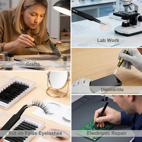 Precision Tweezers Set 10 Piece, ESD Safe Anti-Static Stainless Steel Kit with Case & Pry Tool for Electronics Repair, PCB Soldering, Jewelry Making, Watch Repair, Lab and Craft Work