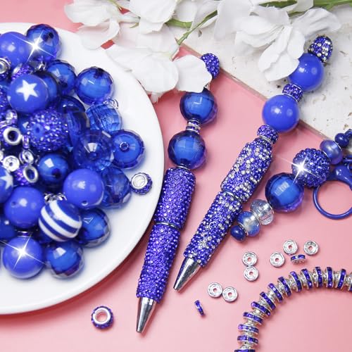 106Pcs 20mm Beads for Pens Making with Rondelle Spacer Beads Dark Blue Acrylic Focal Bubblegum Bead Crystal Round Sparkly Chunky Bead for Pens Beadable Keychain DIY Craft Jewelry Making Supplies - color: Dark Blue