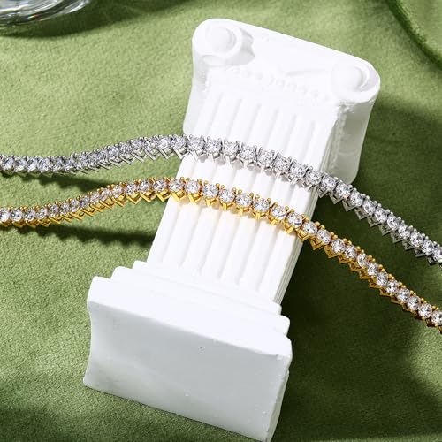 BREN 3mm 3 Prong Tennis Necklaces for Women Men, 18K White/Yellow Gold Plated 16/18 inches Round Cubic Zirconia Dainty Chain Jewelry - color: Gold-3mm, size: 16 inch