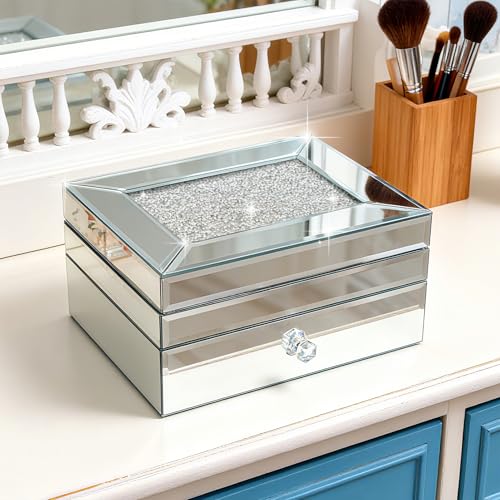 2 Layer Mirror Glass Jewelry Box with Crushed Diamond Decor, Velvet-Lined Trinket Organizer for Rings Earrings Necklaces Bracelets - Elegant Treasure Chest Storage Case for Women Girls - size: C