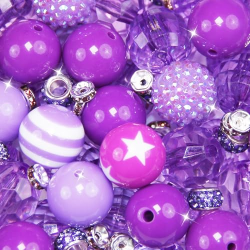 106Pcs 20mm Beads for Pens Making with Rondelle Spacer Beads Purple Acrylic Focal Bubblegum Bead Crystal Round Sparkly Chunky Bead for Pens Beadable Keychain Necklace DIY Craft Jewelry Making Supplies - color: Purple