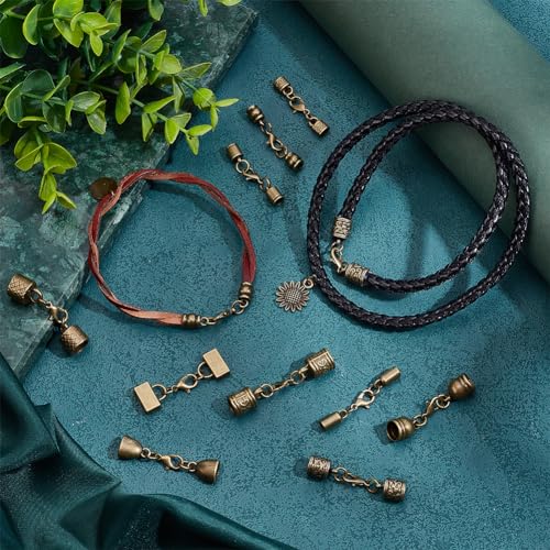 PH PandaHall 10 Styles Tibetan End Caps, 20 Sets Leather Cord End Caps Alloy Tube Barrel End Tip with Lobster Clasp Rope End Caps with Ring Connector for Necklaces Bracelet Jewelry Making