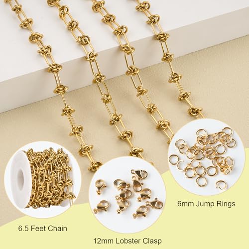 SMYHTGLIF 6.5 Feet Gold Paperclip Jewelry Making Chains Roll Buckles Link Unsoldered Stainless Steel Chain for Jewelry Making with Lobster Clasps and Open Jump Rings - color: Knot Gold
