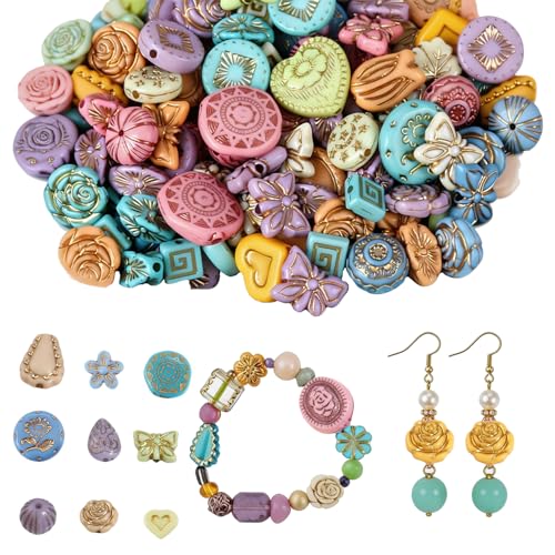 120-160Pcs Cute Assorted Kawaii Aesthetic Beads 100G Vintage Bohemian Acrylic Bead in Bulk Round Oval Butterfly Flower Czech Style Beads Jewelry Making Metal Enlaced Charm DIY Craft（Solid Colorful） - style: Solid Colorful