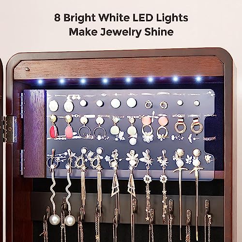 Hives and Honey Aria Standing Jewelry Armoire Mirror – LED Lit, Velvet Interior, Lockable, Ample Storage, Beveled Full-Length Mirror, Space-Saving Design, Walnut