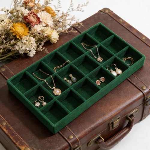 Velvet Jewelry Organizer Trays Dark Green Stackable Jewelry Storage Display Tray with Removable Dividers, 18 Grids - color: Dark Green
