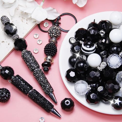 106 Pcs 20mm Beads for Pens Making with Rondelle Spacer Beads Black White Acrylic Focal Bubblegum Bead Crystal Round Sparkly Chunky Bead for Pens Beadable Keychain DIY Craft Jewelry Making Supplies - color: Black White