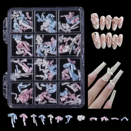 12 Grids Pink & Blue Mixed Ribbon Bow Nail Charms - Fresh Pastel Resin Bow Nail Decorations, Two-Tone Bow Nail Gems for Acrylic/Gel Nails DIY Manicure