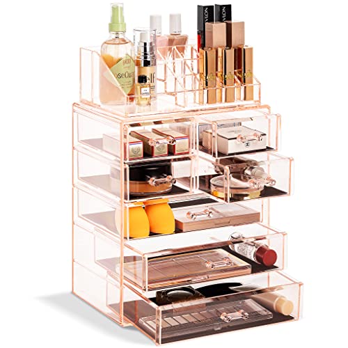 Sorbus Acrylic Makeup Organizer Set, 7-Drawer Vanity & Countertop Cosmetic Storage with Small & Wide Compartments, Pink Makeup Storage for Brushes, Jewelry – Holiday Gift for Women & Teens - color: Pink, size: 3 Large, 4 Small Drawers