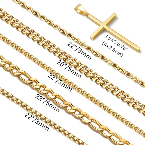 Stackable Gold/Silver Chain for Men, 6/7 Pcs Stainless Steel Cross Chain Mens Necklace Jewelry Set for Men, 5/6 Chains + 1 Cross Pendant