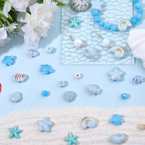SUNNYCLUE 1 Box 56Pcs Turtle Beads Ceramic Ocean Beads Set Blue Starfish Shell Conch Fish Sea Beach Summer Round Square Loose Spacer for Jewelry Making DIY Necklace Bracelet Crafts Supplies Women