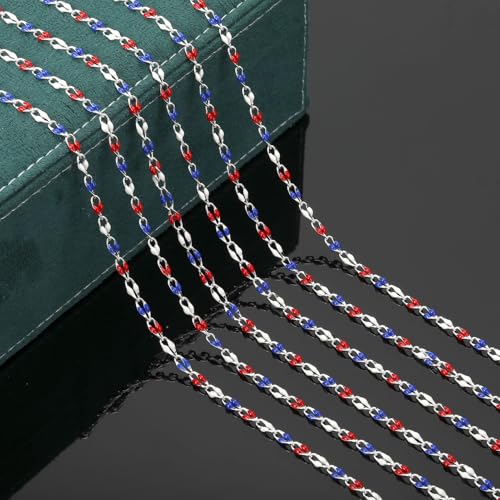YOUBEIYEE 2 Meters Silver Plated Chain for Jewelry Making USA Flag Enamel Chain Roll Brass Chains Bulk with Jump Rings and Lobster Clasps - color: USA Flag Color