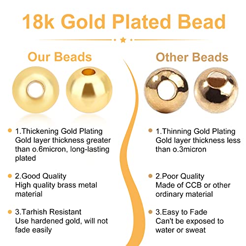 PH PandaHall 150pcs 6mm 18K Gold Plated Beads Long-Lasting Round Smooth Spacer Beads Seamless Brass Loose Ball Bead for Summer Hawaii Stackable Necklace Bracelet Earring Making - size: 6mm