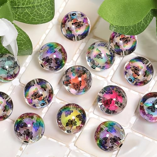 15Pcs Acrylic Beads Round 16mm UV Bead in Bead with Butterfly Print Fit for DIY Jewelry Bracelet Necklace Keychain Beadable Pens Mobile Phone Chain Making Cute (Butterfly-Black) - color: Butterfly-Black
