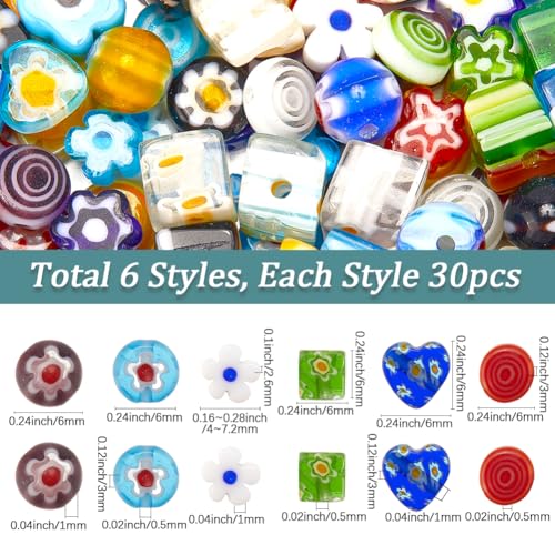 1 Box 6 Styles 180PCS Mixed Millefiori Handmade Lampwork Glass Beads with Holes Assorted Flower Heart Flat Round Shape Cube Loose Charms Bead for Jewelry Making Bracelets DIY Craft Supply - size: 180Pcs 6mm, style: Mixed