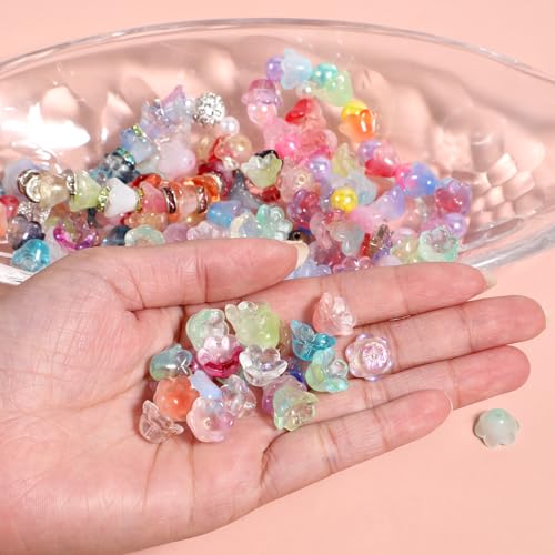 100pcs Glass Bellflower Beads Mixed Color Trumpet Flower Beads Gradient Clear Cute Bead Loose Aesthetic for Jewelry Making DIY Necklace Crafts