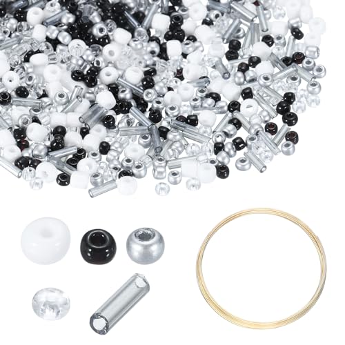 uxcell 1Set Glass Seed Beads, 1.5-4.5mm Small Embroidery Bugle Beads Assorted Tube Bead Loose Kit for Jewelry Making DIY Craft Beading Bracelets Necklace Earring (Black White) - color: Black White