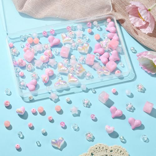 Ipotkitt 160 Pcs Pink Themed Transparent Opaque Acrylic Beads Mixed Shapes Heart Round Flower Star Beads Plastic Spacer Loose Beads for Jewelry Making - color: 160pcs-Pink Themed Beads-6~17mm