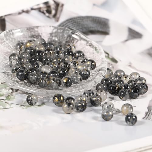 200Pcs Glass Round Beads 8mm Transparent Ink Wash Dye Sprinkled Gold Scattered Beads Handmade DIY Bead Material Bracelet Accessories (Black) - color: Black