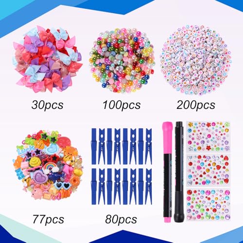 JOICEE 80 Set Cheer Pins Spirit Clips,80 Clothes Pins 126 Mini Resin Animals Bows Daisy and Stickers Pen Over 300 Beads Pearls for Cheerleading Backpacks Ribbon Team Classroom Cheer Gifts Bulk(Blue) - color: Blue
