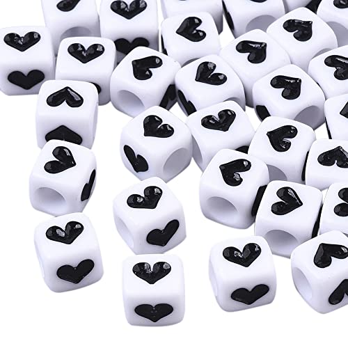 Cheriswelry 200pcs 6mm White Cube Acrylic Heart Beads Black Opaque Crystal Loose Spacer Large Hole Beads Plastic Love Heart Charms for DIY Craft Earring Bracelet Necklace Jewelry Making - color: Cute Heart Beads