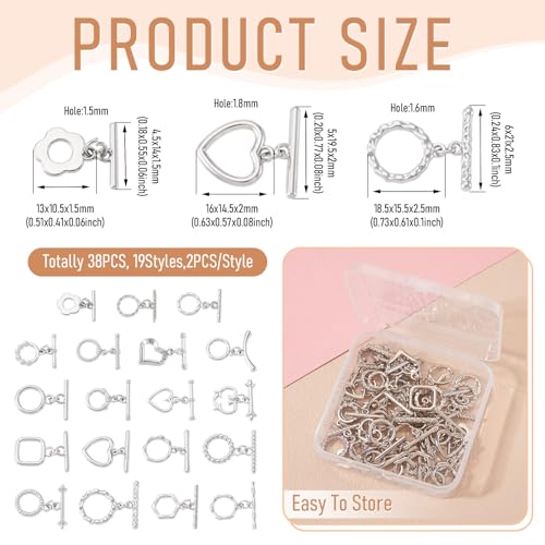 38Pcs Platinum Toggle Clasp, 19 Styles Bracelet Closure Clasps IQ Toggle Clasps Oval Flower Heart Clasp Fastener Hook Toggles Connectors for Necklace Bracelet Jewelry Making - color: Platinum-19 Styles
