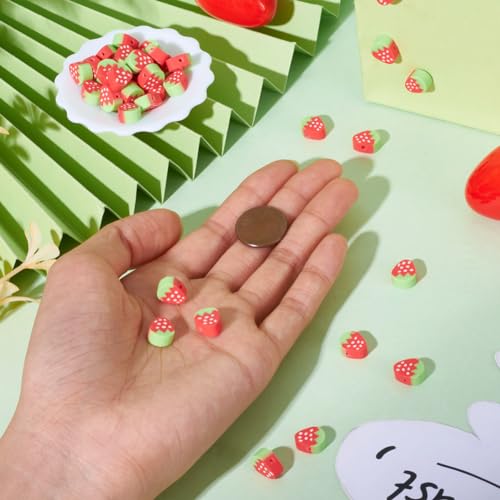 50PCS Handmade Polymer Clay Beads Strawberry Shape Red Loose Beads Fruit Theme Spacer Beads for DIY Bracelet Necklace Earring Charm Jewelry Making Hole 1.6mm - color: Strawberry # Red