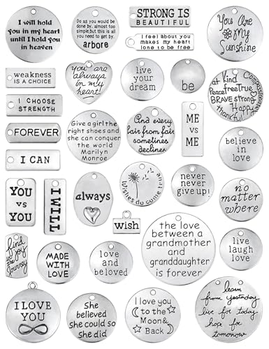JIALEEY Motivational Charms, Wholesale Bulk Lots Inspirational Message Charm Pendants for Crafting, Jewelry Findings Making Accessory For DIY Necklace Bracelet, 30PCS