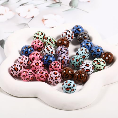 15Pcs Acrylic Beads Round 16mm Leopard Print Fit for DIY Jewelry Bracelet Necklace Keychain Beadable Pens Mobile Phone Chain Making Cute (Leopard Print-Mixed Color) - color: Leopard Print-Mixed color