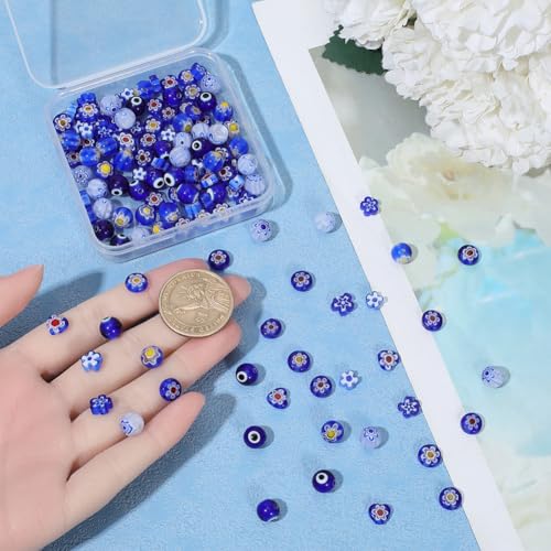 1 Box 160pcs 8 Styles Blue Millefiori Lampwork Beads Handmade Flower Heart Evil Eye Flat Round Glass Loose Spacer Bead Charm Bulk for Jewelry Making Bracelets Necklaces DIY Craft Supply