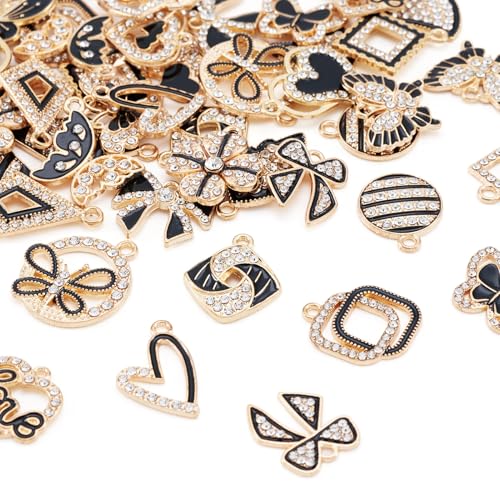Craftdady Crystal Rhinestone Pendants Butterfly Heart Rhombus Bowknot Earring Charms Alloy Enamel Metal Pendants Light Gold Bracelet Charms for DIY Craft Necklace Jewelry Making - color: Black 23 Style