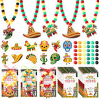 Ferreve 25 Set Cinco De Mayo DIY Bead Necklaces Crafts Kit Mexican Fiesta Birthday Party Favors Supplies Decorations Cactus Maracas Tacos Sombreros Avocados Wooden Charms with Fiesta Cards