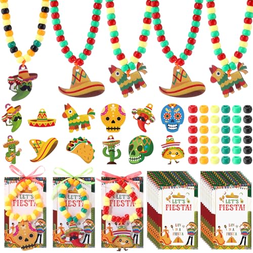 Ferreve 25 Set Cinco De Mayo DIY Bead Necklaces Crafts Kit Mexican Fiesta Birthday Party Favors Supplies Decorations Cactus Maracas Tacos Sombreros Avocados Wooden Charms with Fiesta Cards