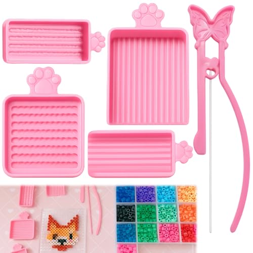 Dovbuqu 5 PCS Bead Tools, Pink Fuse Bead Accessories Set, Precision Bead Tweezers and Shovel for Complex Designs, Efficient 2.6mm Fuse Beads Organization and Placement Tools for Adult Crafters