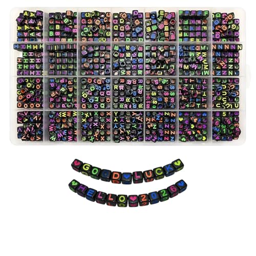 Looconi 840pcs Black Letter Beads Number and Heart Beads 6x6mm Colorful Alphabet Acrylic Beads for Jewelry Making - color: Black&Colourful, size: 6x6mm