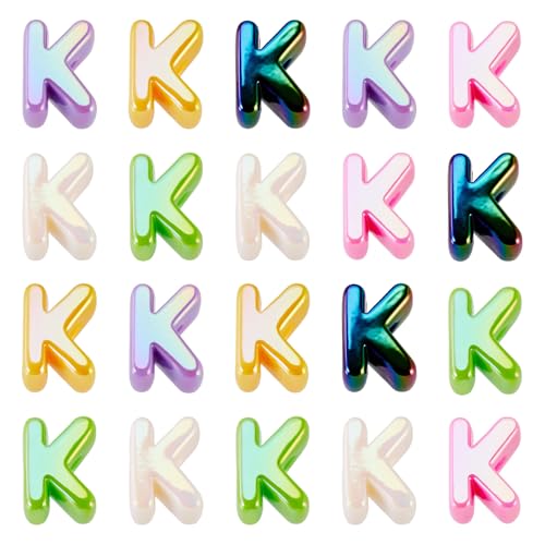 Beadthoven 20pcs Big Letter K Beads Large Hole Bubble Alphabet Acrylic Beads Charm Iridescent Plastic K Shape Loose Chunky Spacers for Jewelry Making Bracelet Necklace Keychains Shoelaces Crafts - color: K