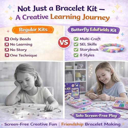 Butterfly EduFields Bracelet Making Kit for Girls Ages 8-14 | 25+ DIY Bracelets, 8 Craft Styles, Storybook | DIY Jewelry Craft Kit for Girls with 200+ Pieces, Beads, Loom, Charms, Threads, Clay, Gems