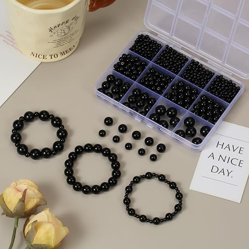 1200Pcs Black Beads, Acrylic Pony Beads, 4/6/8/10/12mm Round Smooth Bead for Bracelets, Spacer Pearl Craft Beades for Bracelet Necklace Jewelry Making (Black) - color: black