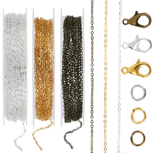 Jewelry Making Chains, 3 Rolls Stainless Chains for Jewelry Making Metal Link Rolls Bulk with 30 Lobster Clasps and 60 Jump Rings for DIY Necklace Bracelet Anklet