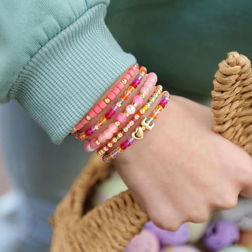 Turandoss Mothers Day Gifts for Daughter Teen Girls Kids - 5PCS 14K Gold Plated Dainty Beaded Bracelet Set Stack, Colorful Letter Charm Stretch Bracelets Beads Ball for Teen Daughter Jewelry Gifts - color: B