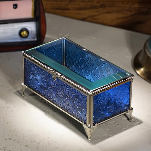 Glass Vintage Jewelry Box Keepsake storage Trinket Ring Display Box Home Decor Embossed Clear Glass Box Organizer(6.5x3.5x3.3Inches) - color: Blue