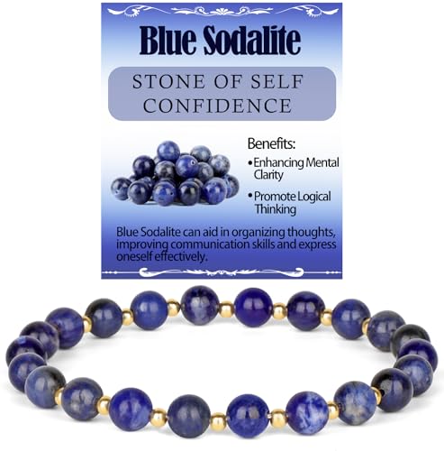 QOGIR 14k gold Handmade Healing Bracelet, Natural Gem Stone Crystal Elastic Gold Bracelet - color: Blue Sodalite - Self Confidence, size: 6m